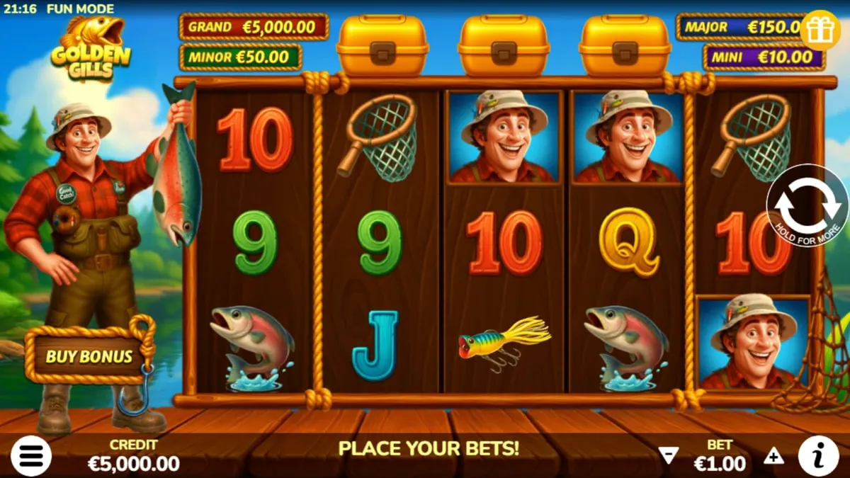 Pemandangan danau tenang dengan simbol memancing di slot Golden Gills