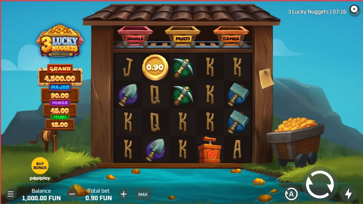 Tampilan visual slot 3 Lucky Nuggets dengan tema pertambangan emas