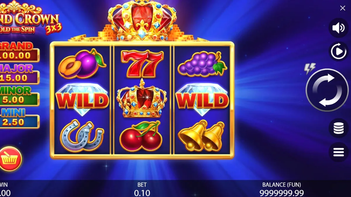 Tampilan visual slot 3x3 Grand Crown dengan tema kerajaan dan simbol buah klasik.